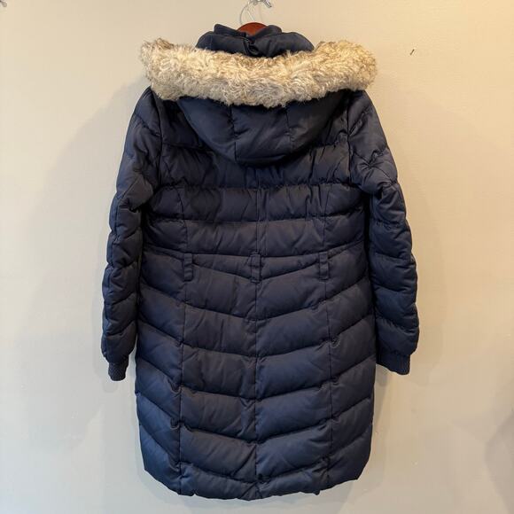 Esprit Quilted Down Puffer Jacket Parka Long Navy Gold Fur Detachable Hood Sz L - Picture 5 of 16